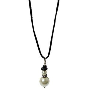 Elegant Faux Pearl Pendant Necklace Rhinestone Accent Black Cord Fashion Jewelry
